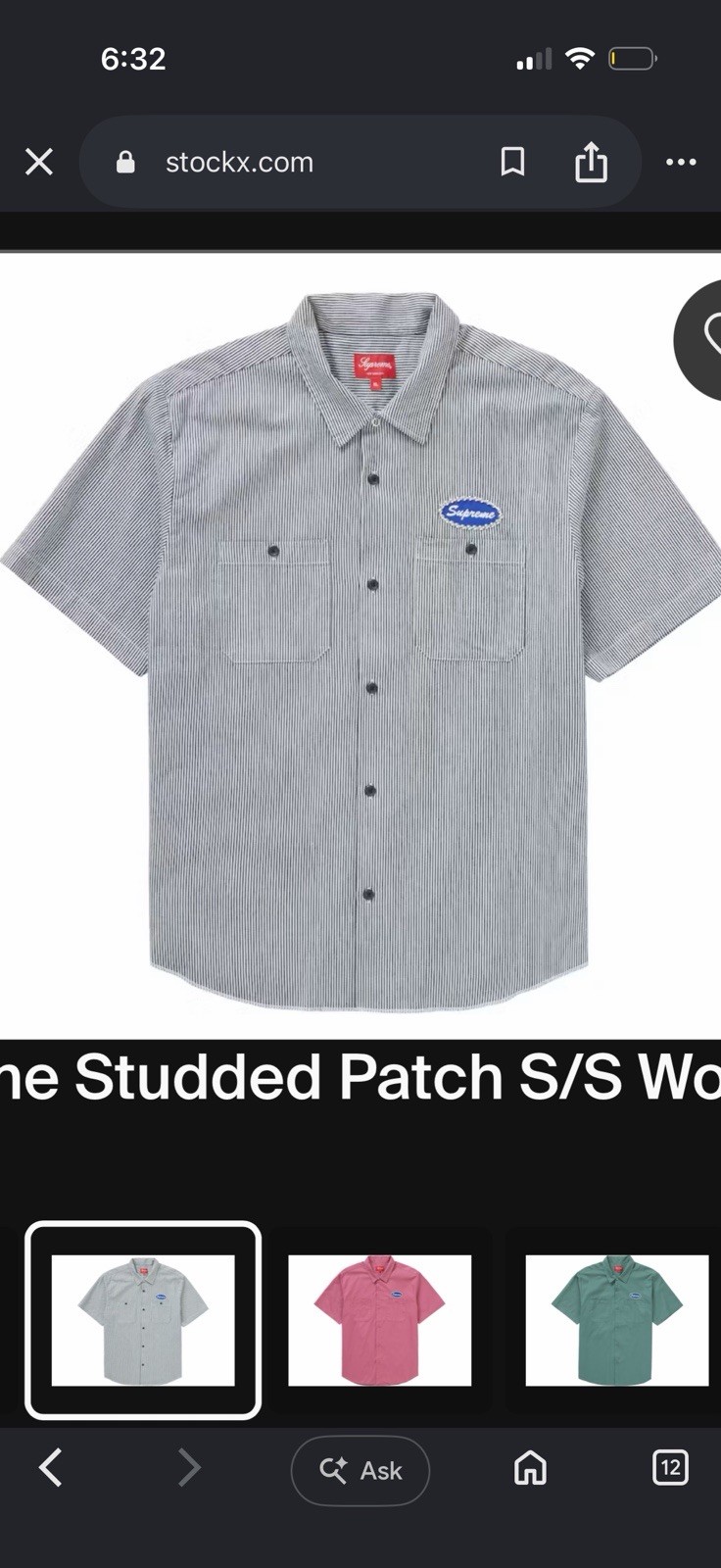 Supreme Studded Patch S/S Work Shirt Men’s XL