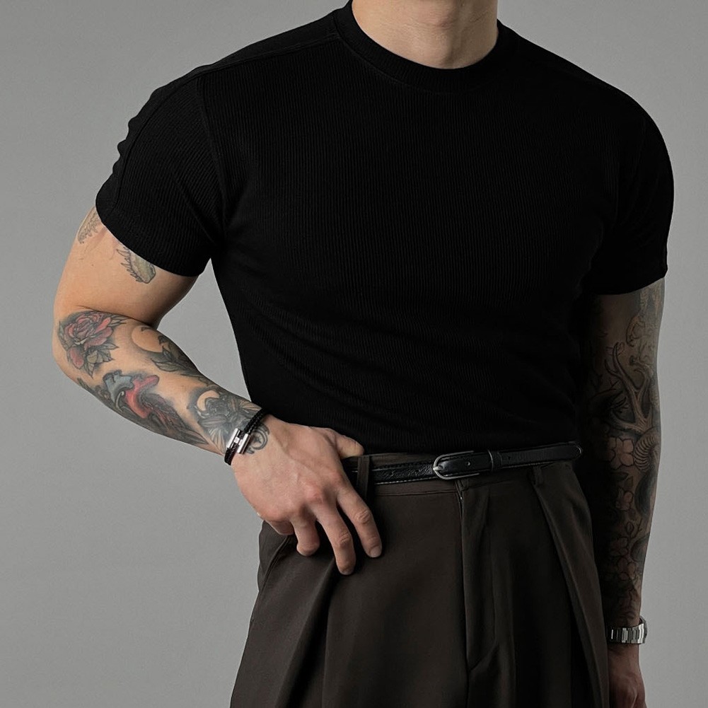Men’s Athletic Ribbed T-Shirt Short Sleeve Small High Collar Training Wear