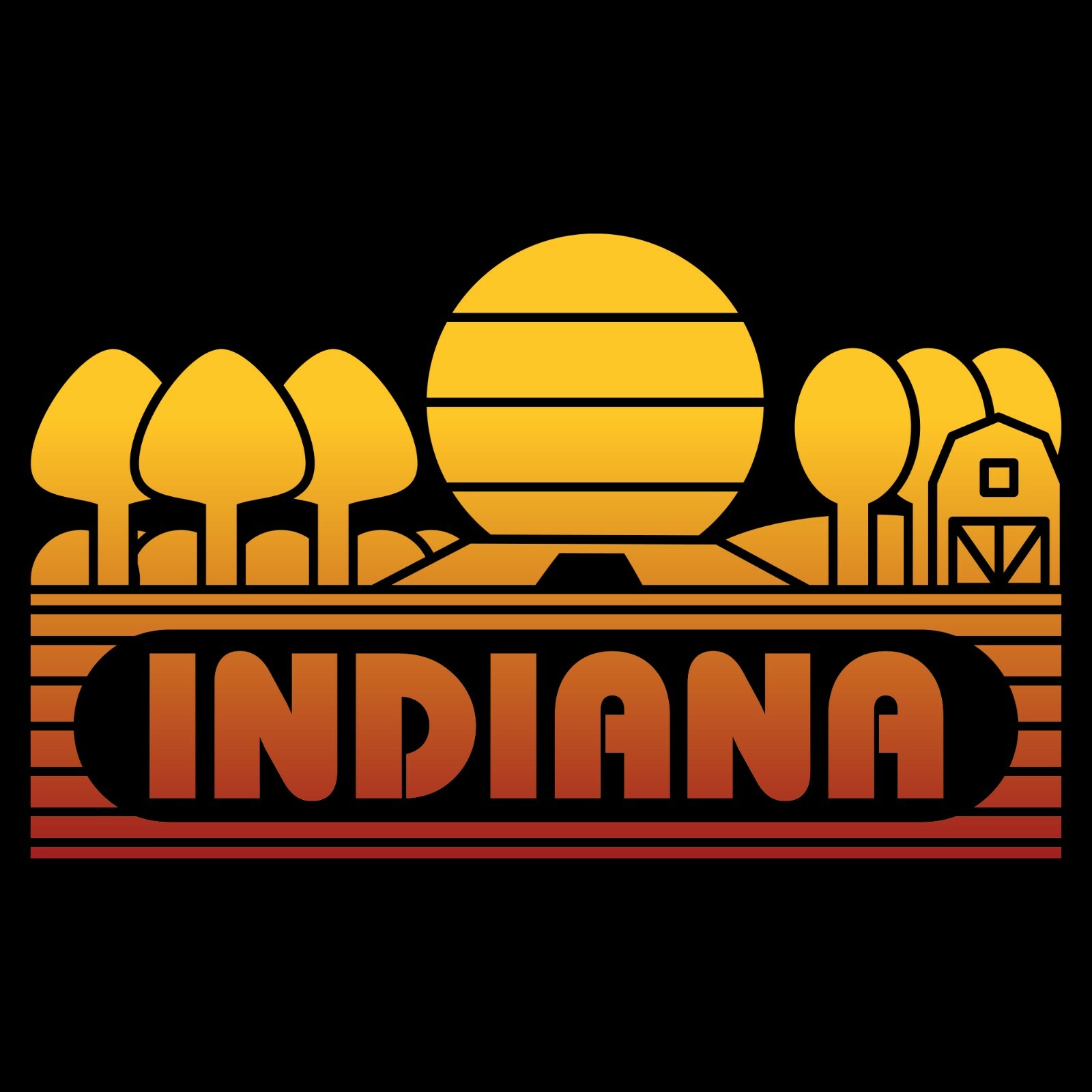 Indiana Groovy Sunset – Landscape Vacation Home State T Shirt – Black