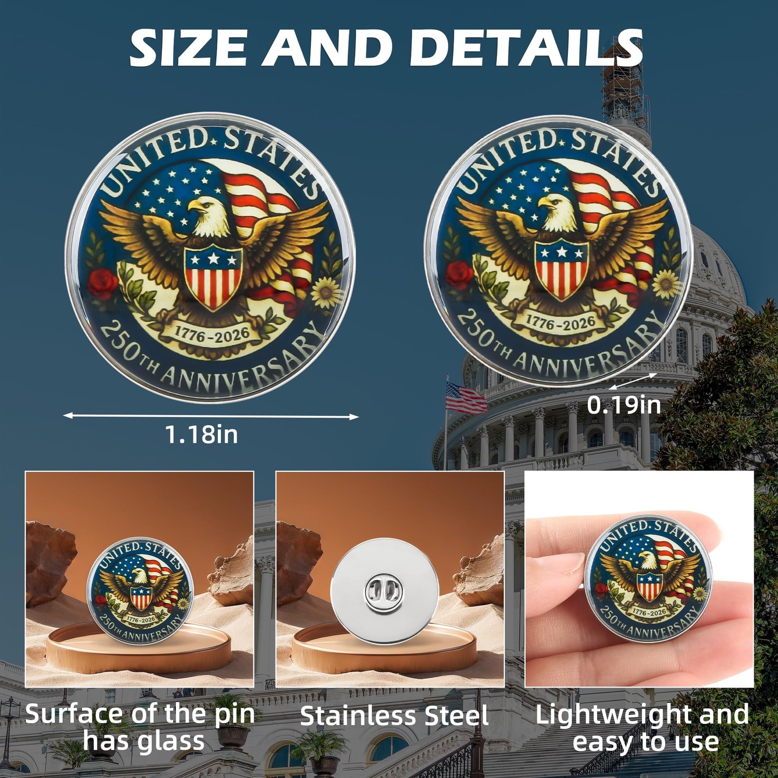 United States 250th Anniversary Lapel Pin Glass 250th US Founding Anniversary…