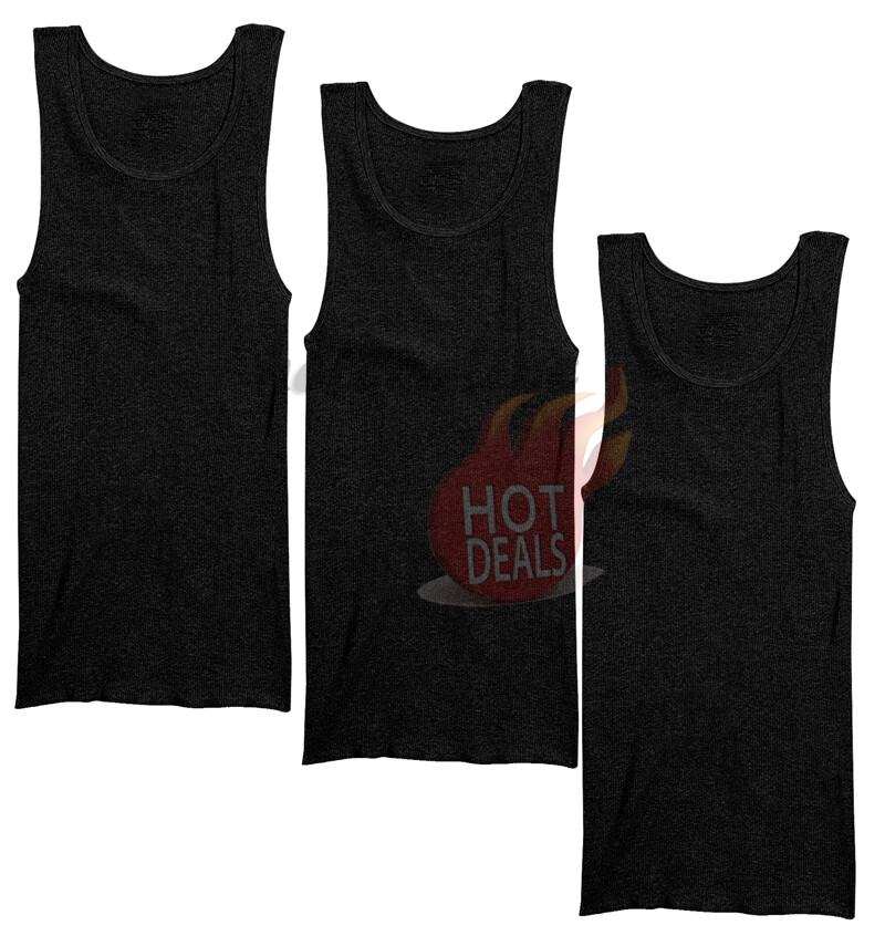 Lot 3 or 6 Pack Men Black Cotton Tank Top A-Shirt Wife Beater Ribbed Undershirt