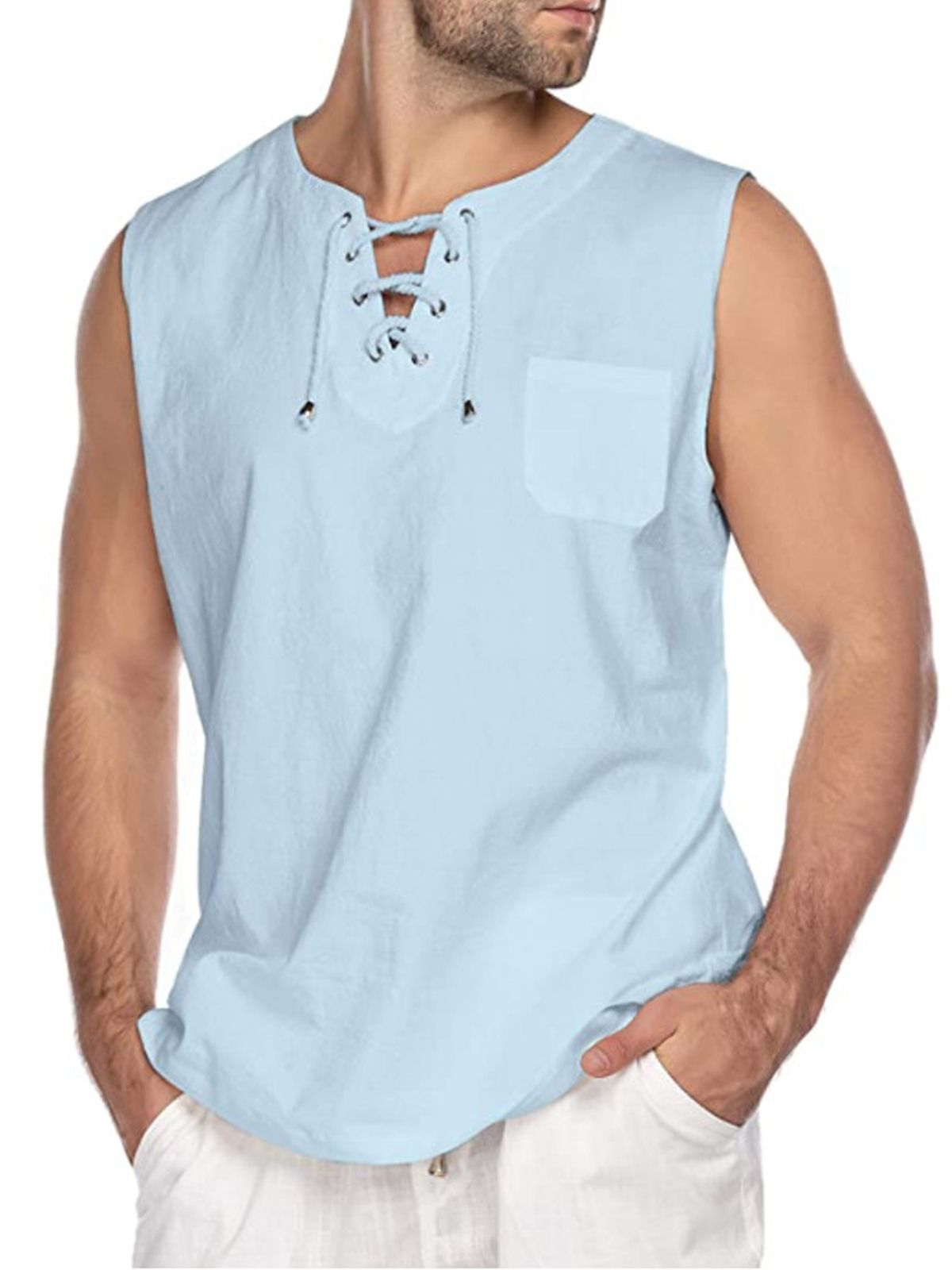 Mens Loose Tank Tops Cotton Linen Sleeveless Lace-up T-shirt Daily Wear Vacation