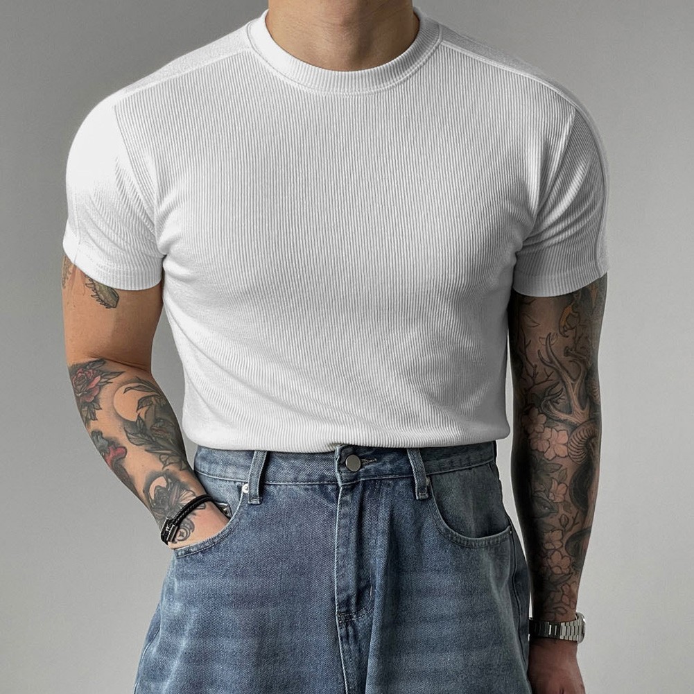 Men’s Athletic Ribbed T-Shirt Short Sleeve Small High Collar Training Wear