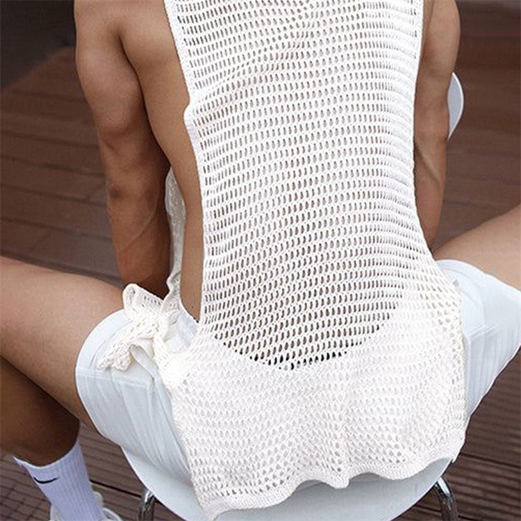 Men Sexy Hollow Out Tank Tops Openwork Side Lace Up Vest Casual Baggy Vest Basic