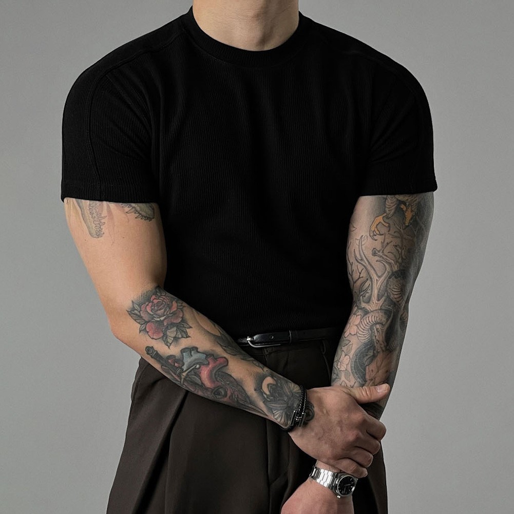 Men’s Athletic Ribbed T-Shirt Short Sleeve Small High Collar Training Wear