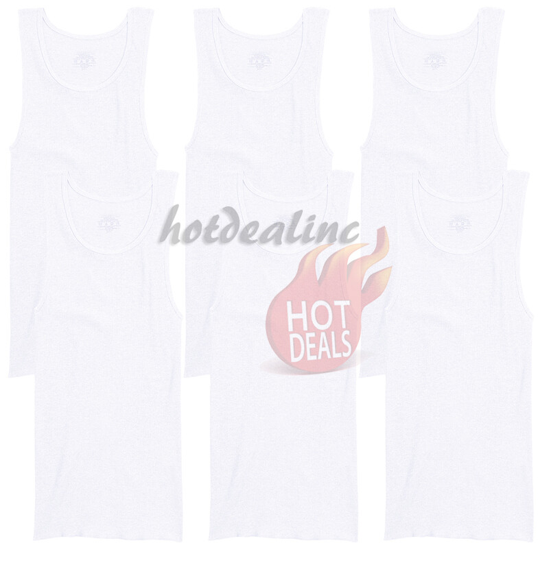 6 Pack Men’s White 100% Cotton Tank Top A-Shirt Ribbed Undershirt Size:S-2XL
