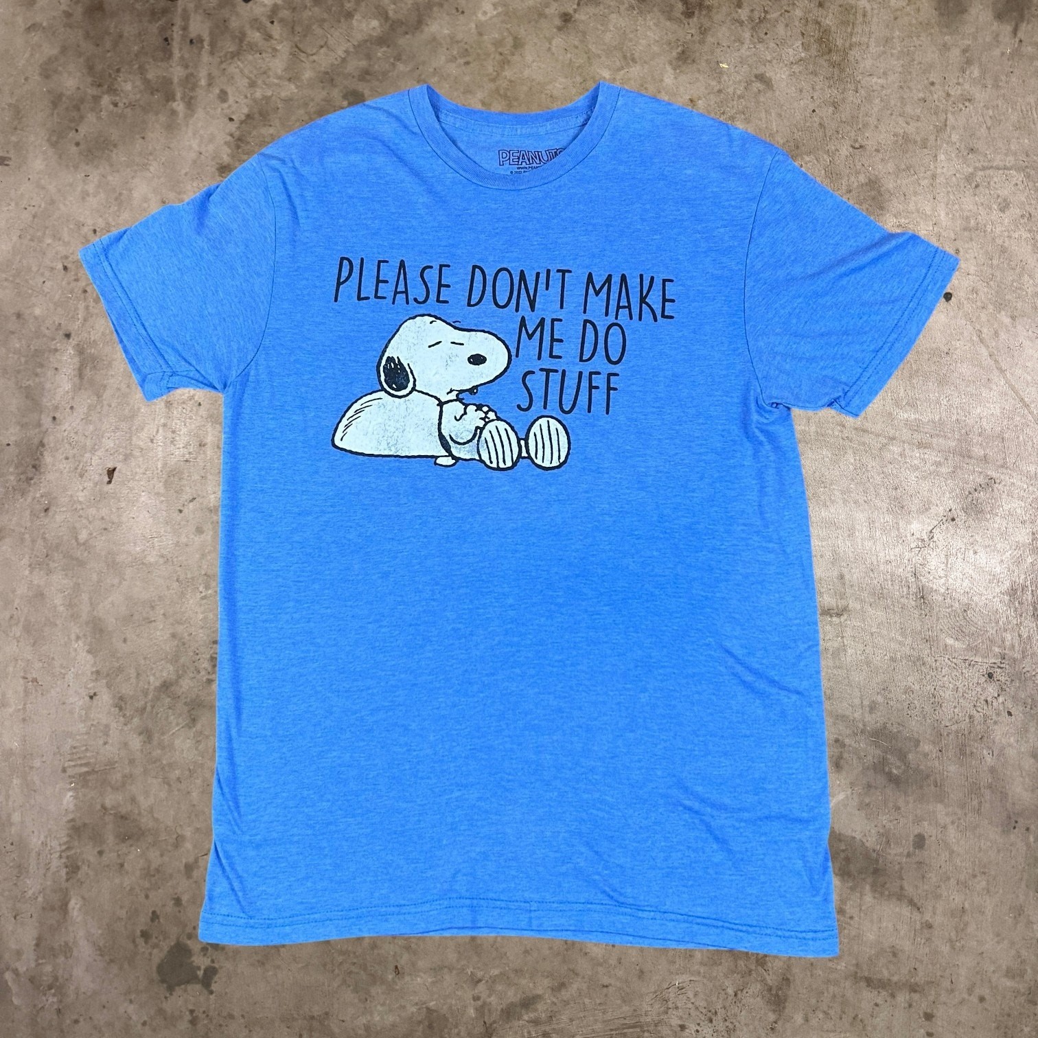 Peanuts Snoopy Please Don’t Make Me Do Stuff T-Shirt Graphic Tee Blue Men Size M