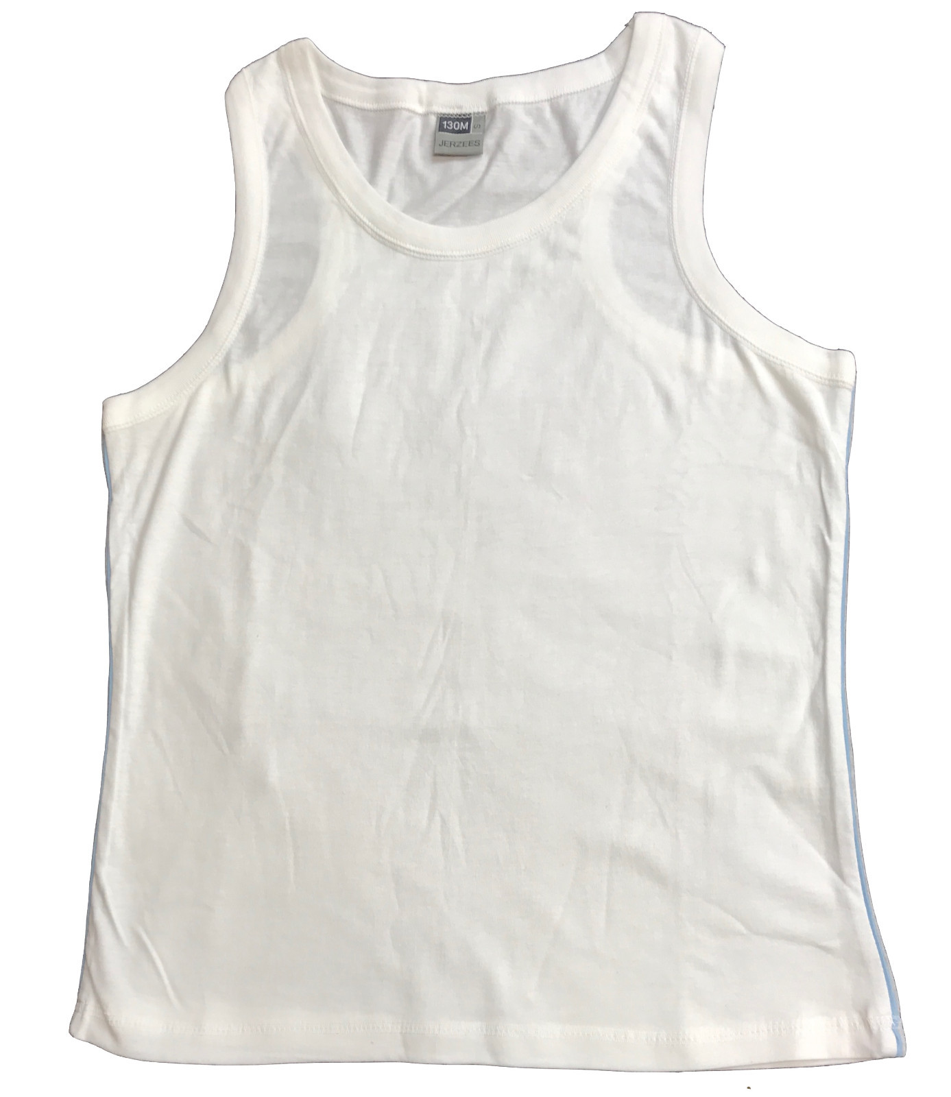 Jerzees Plain WHITE Cotton Sports Muscle Back Vest Tank Top with GREY/BLUE trim