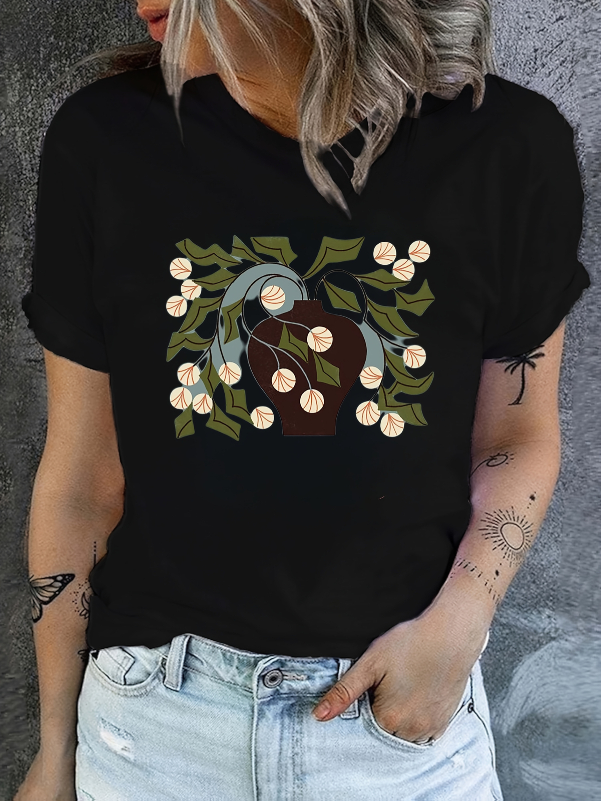 Casual Black Tee Vibrant White Floral & Green Leaf Print, Machine Washable
