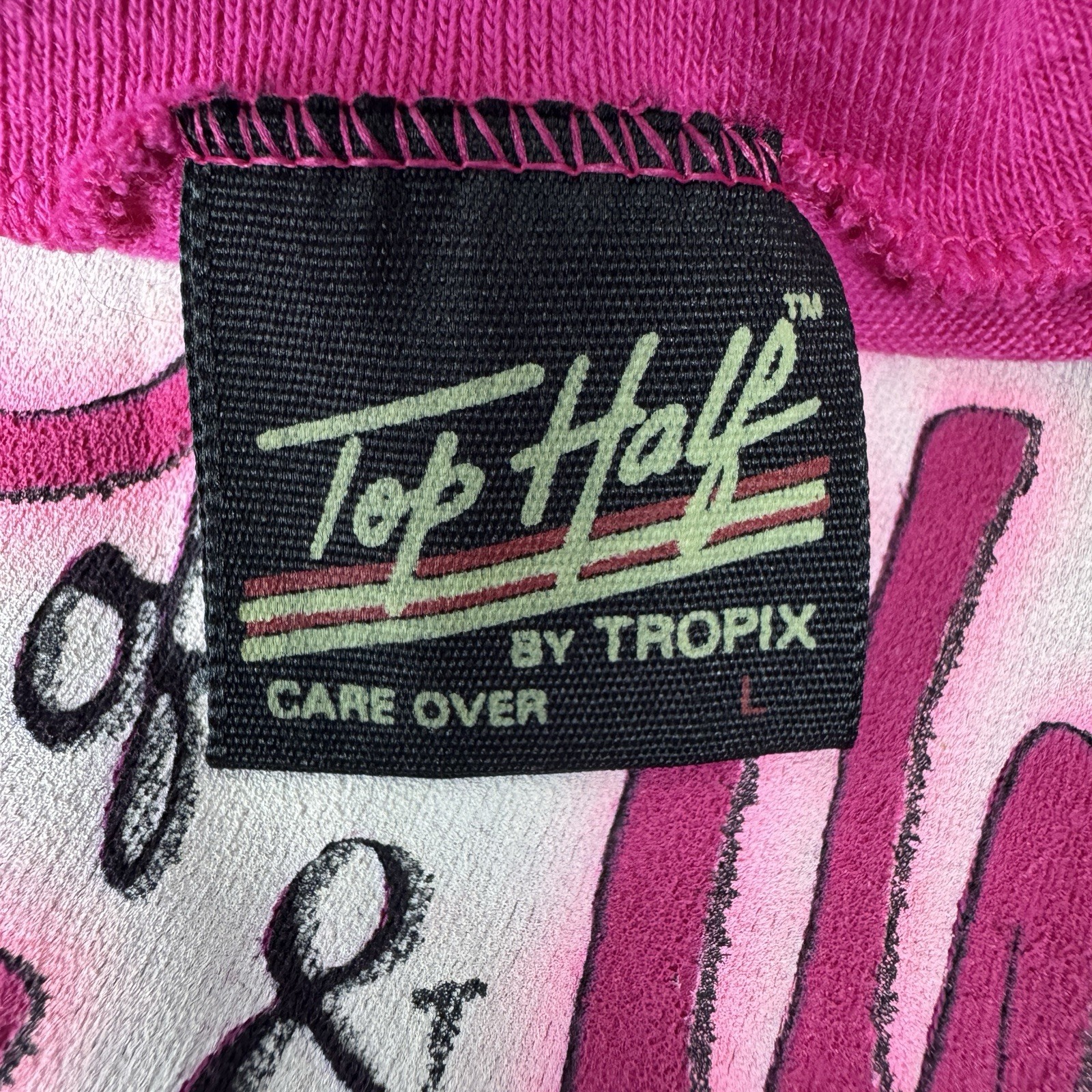 Vtg 80s Lifestyles of Poor & Unknown Top Half Tropix Pink Single Stitch Tee Sz L