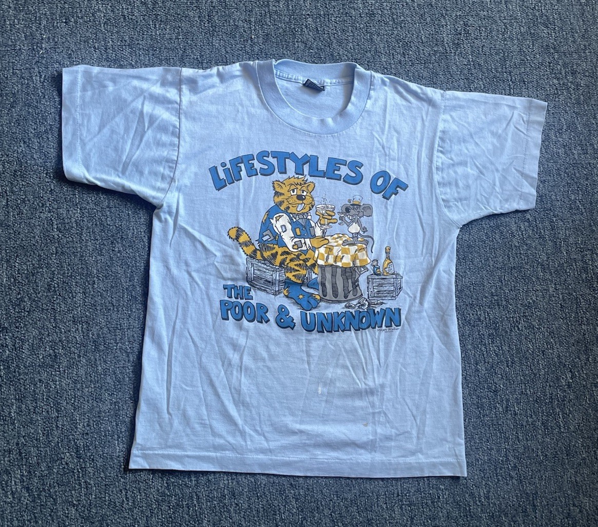 Vintage Lifestyles Of The Poor & Unknown Shirt Mens Medium Blue Cat 80s Funny
