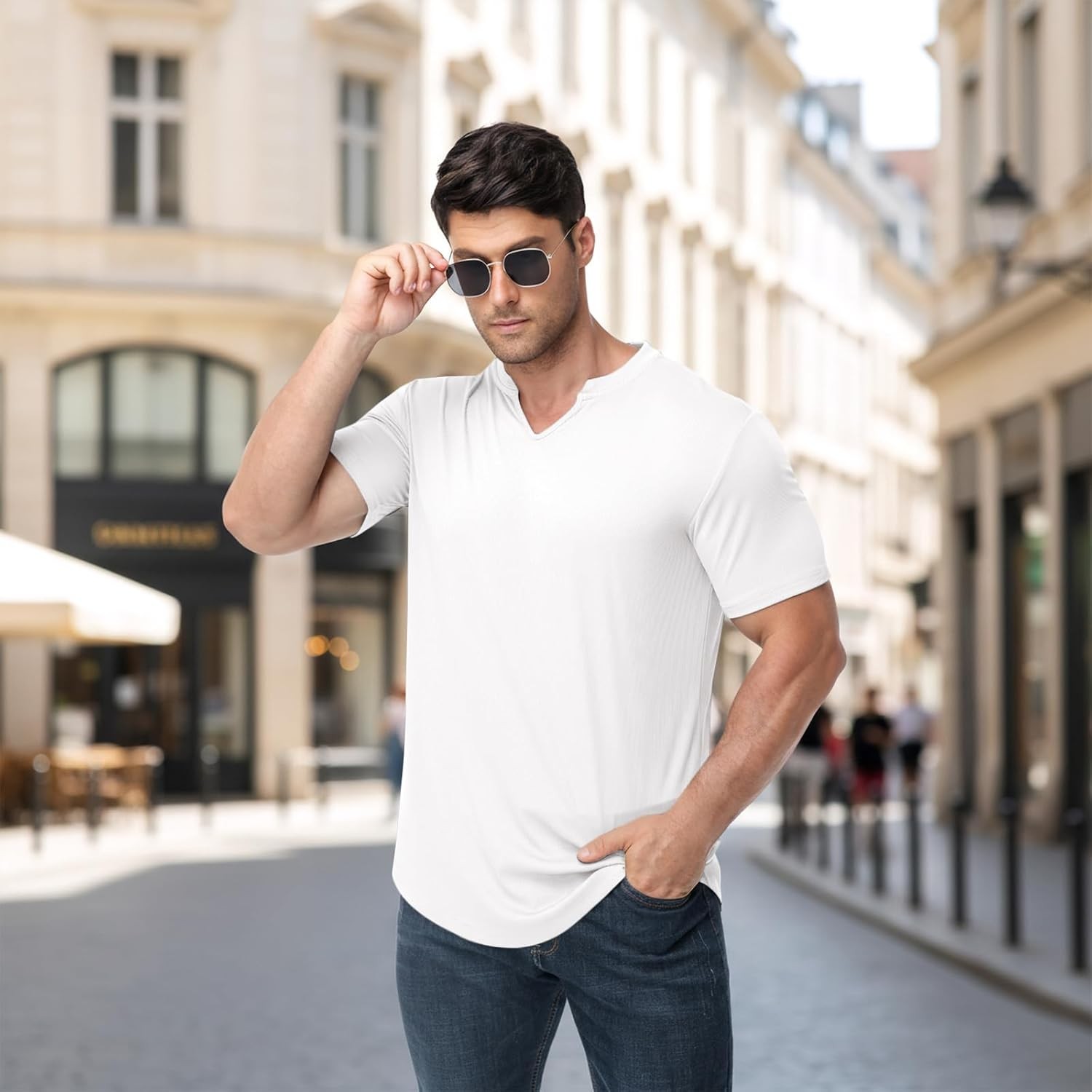 Muscle Fit V Neck T Shirt Men Casual Ribbed Short Sleeve Longline Henley S