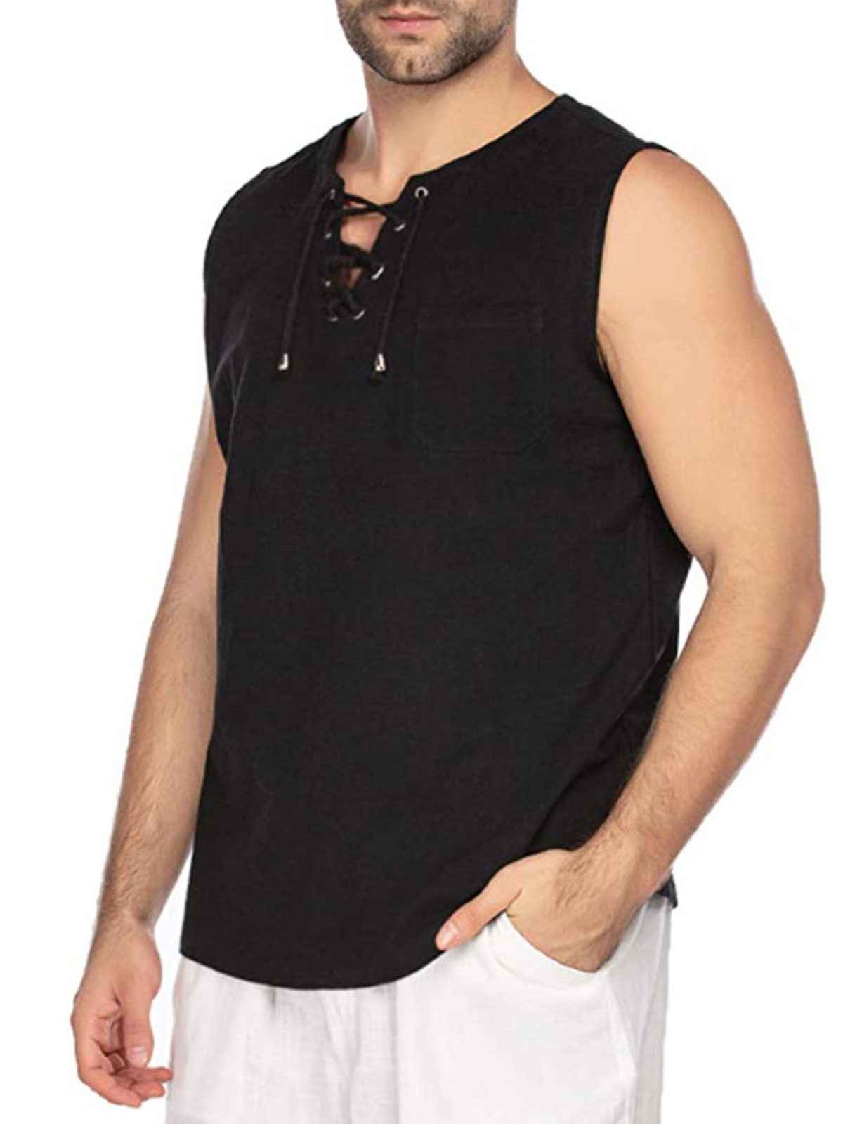 Mens Loose Tank Tops Cotton Linen Sleeveless Lace-up T-shirt Daily Wear Vacation