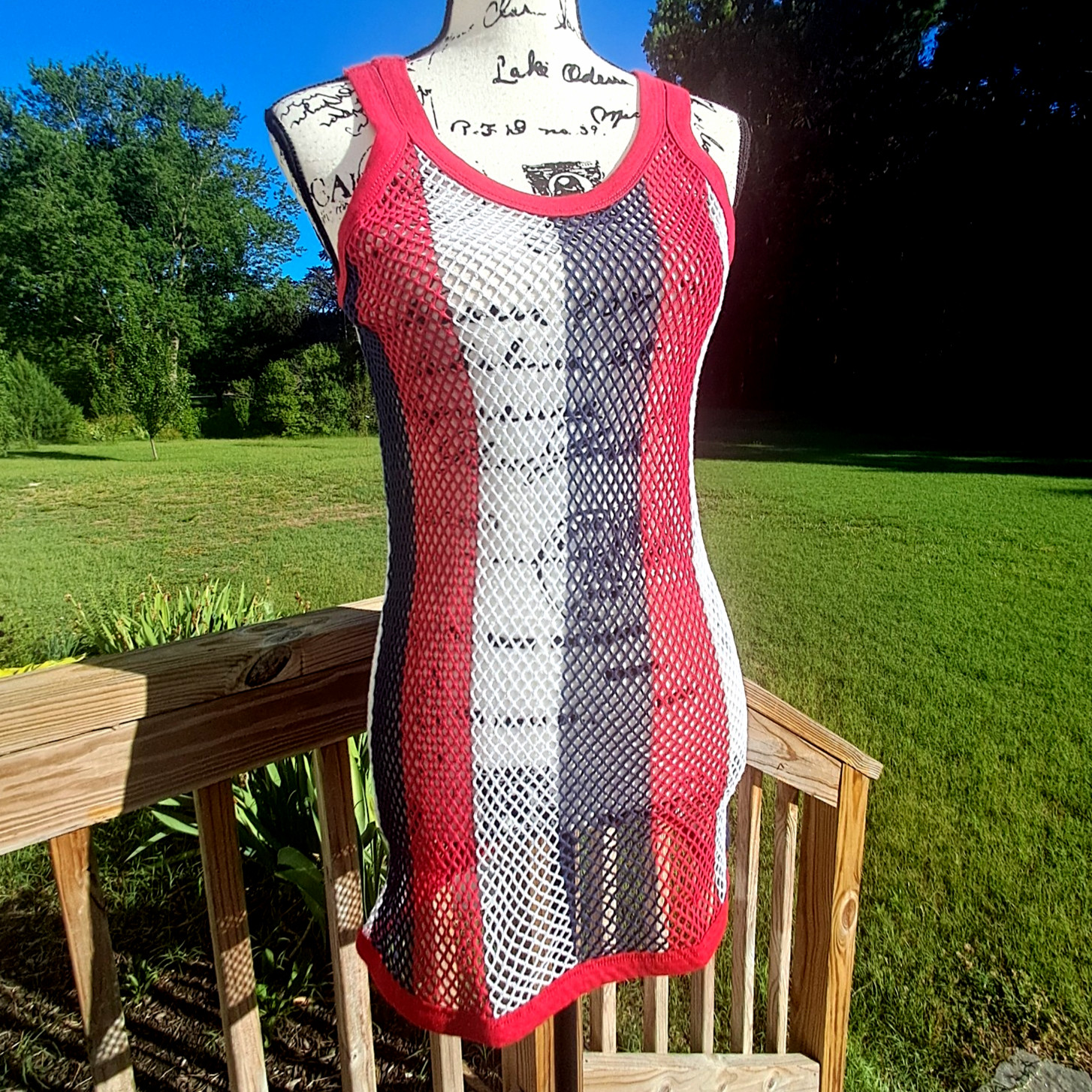 Vintage Trends String Vest Mesh Fishnet Tank Top Dress Large Patriotic USA Flag