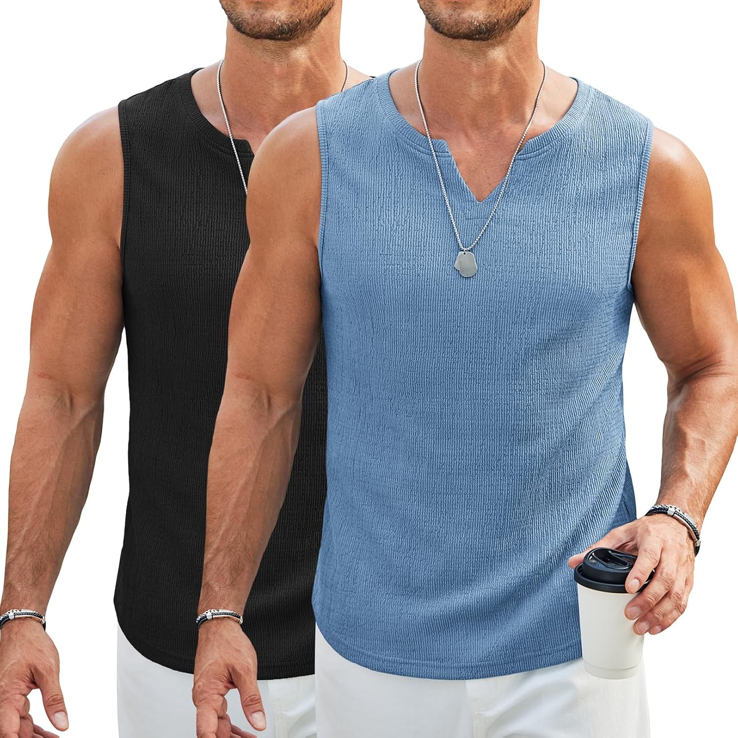 Mens V Neck Knit Tank Top Textured Jacquard Sleeveless Summer Beach Casual Shirt