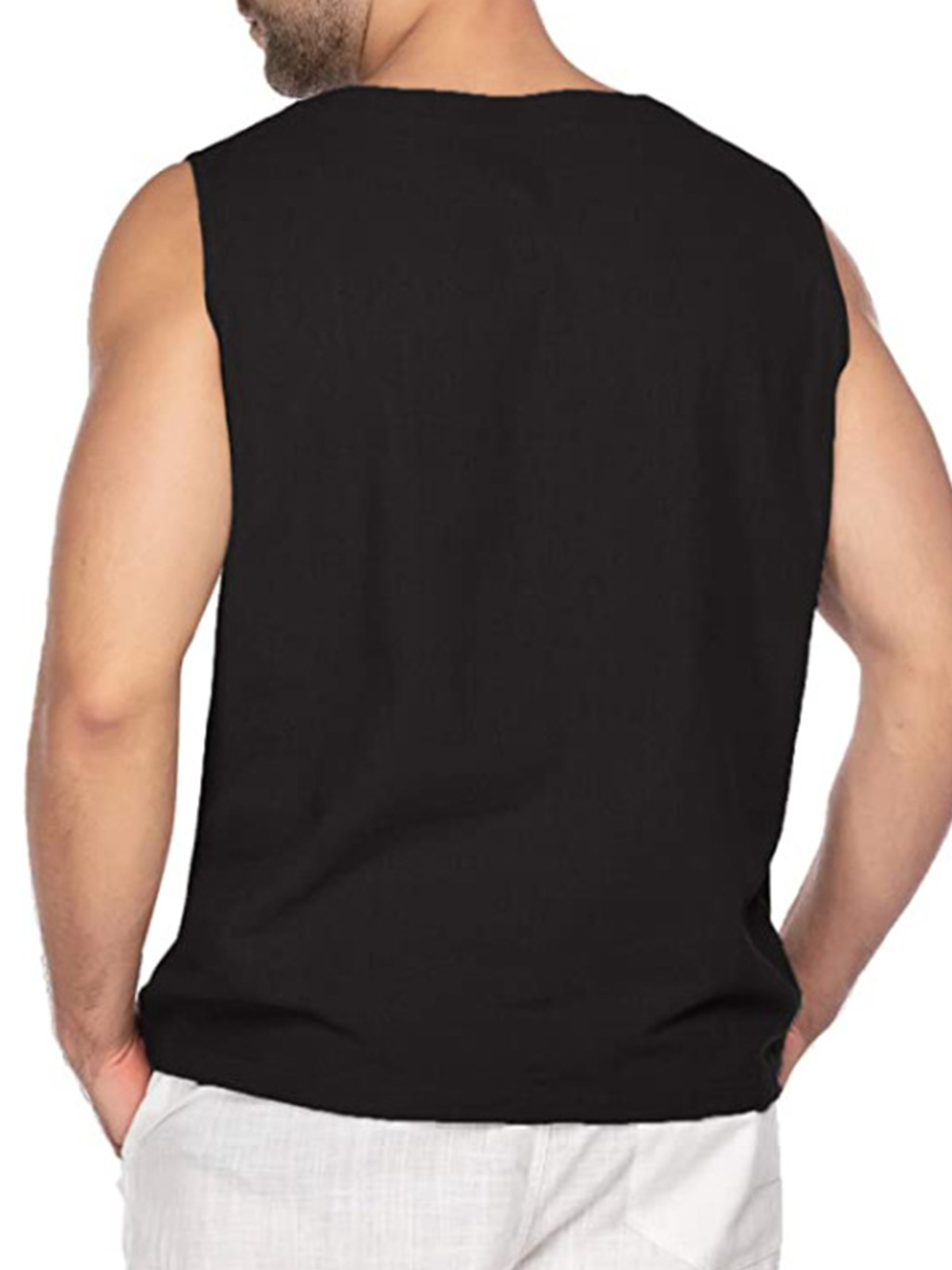Mens Loose Tank Tops Cotton Linen Sleeveless Lace-up T-shirt Daily Wear Vacation