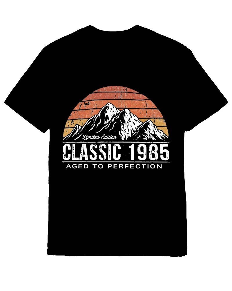 Personalized Born In 1985 T-Shirt Distressed Nature Mountain Sunset Graphic Tee