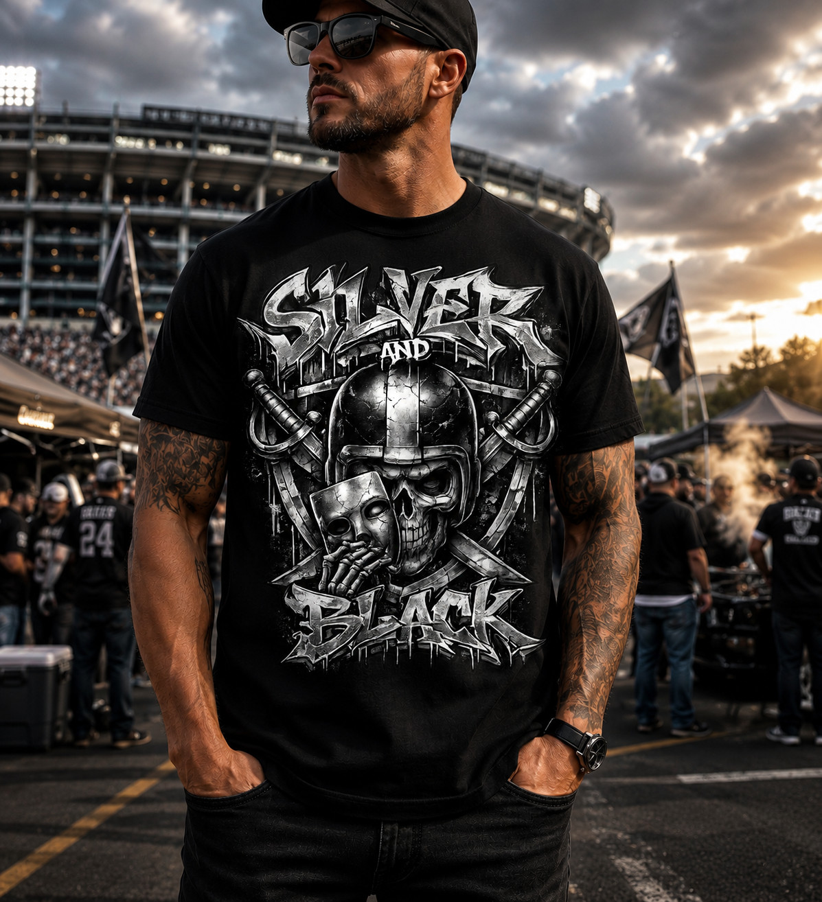 Men Raider Skull Silver & Black T Football Big & Tall Graphic Sneaker Tee Shirt