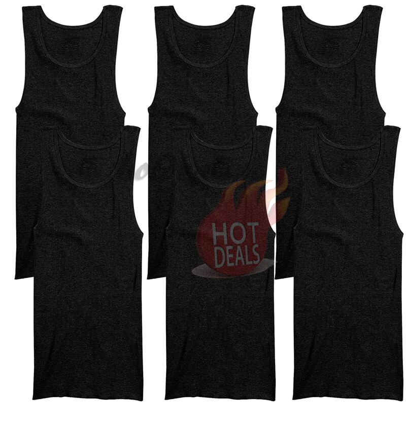 6 Pack Men’s Black 100% Cotton Tank Top A-Shirt Ribbed Undershirt Size:S-2XL
