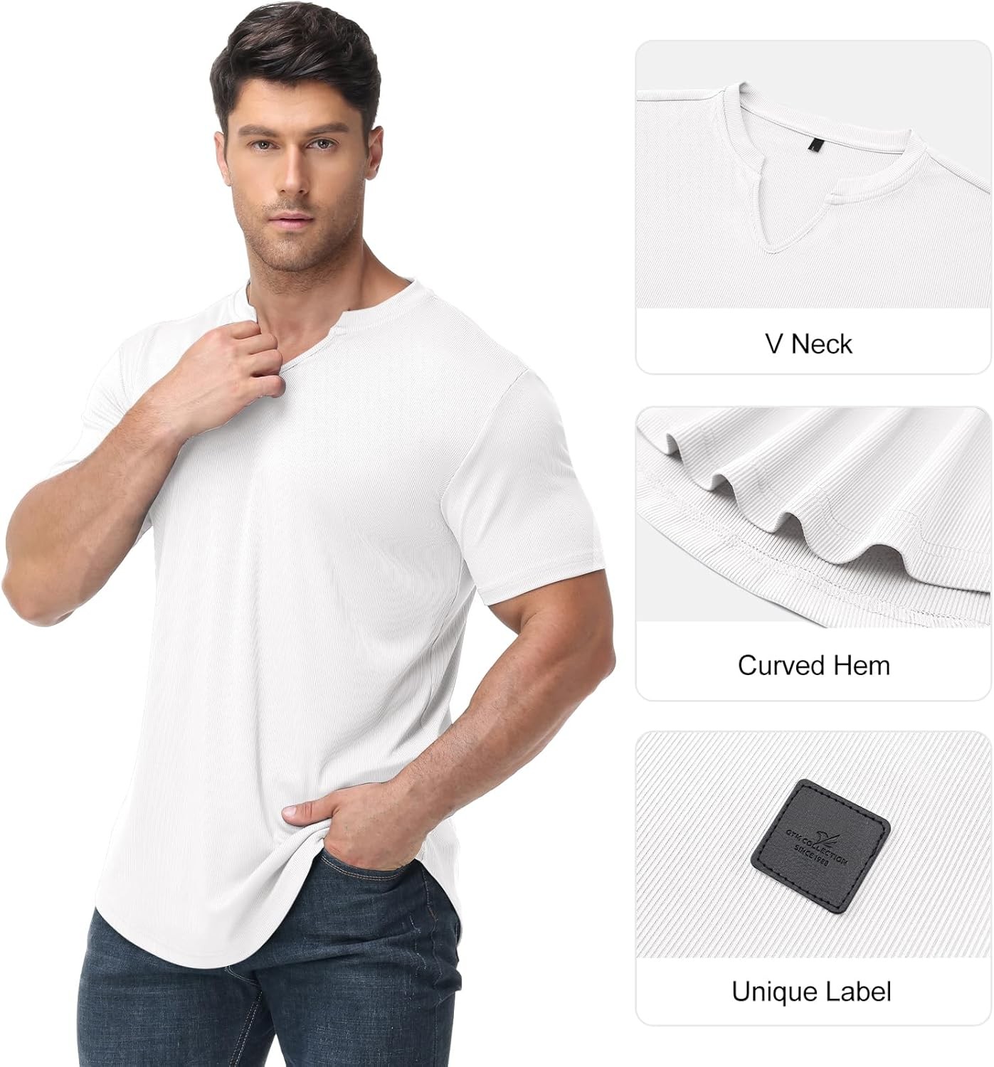 Muscle Fit V Neck T Shirt Men Casual Ribbed Short Sleeve Longline Henley S
