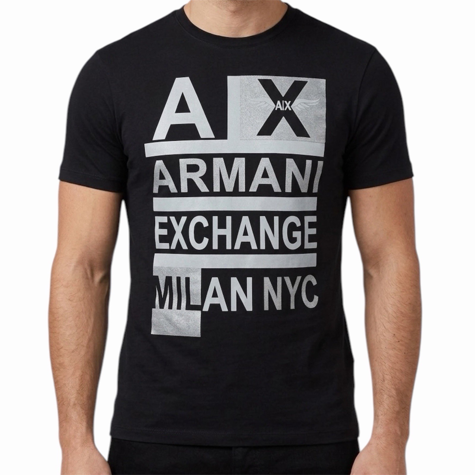 $50 ARMANI EXCHANGE Black STACKED Short Sleeve Slim Fit Designer T-shirt NWT