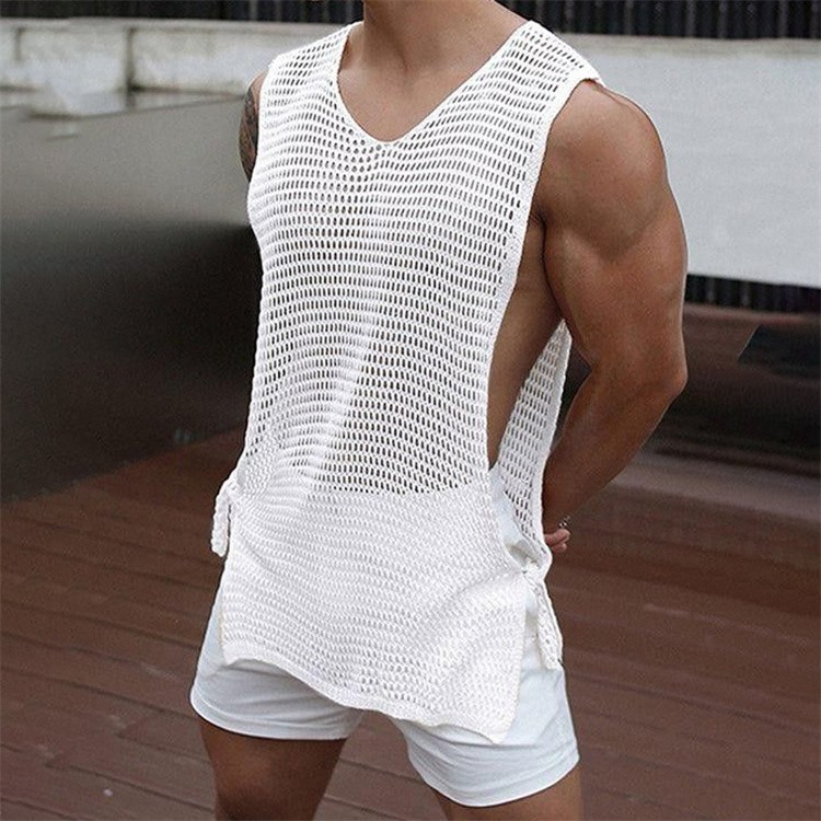 Men Sexy Hollow Out Tank Tops Openwork Side Lace Up Vest Casual Baggy Vest Basic