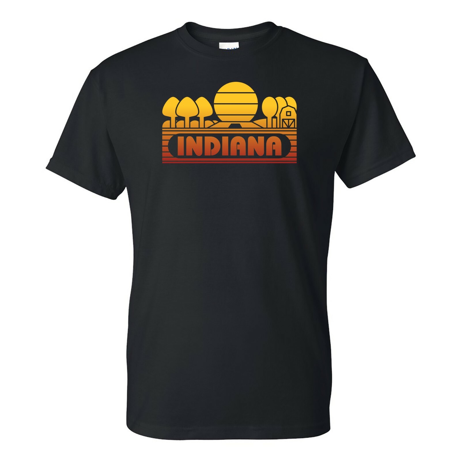 Indiana Groovy Sunset – Landscape Vacation Home State T Shirt – Black