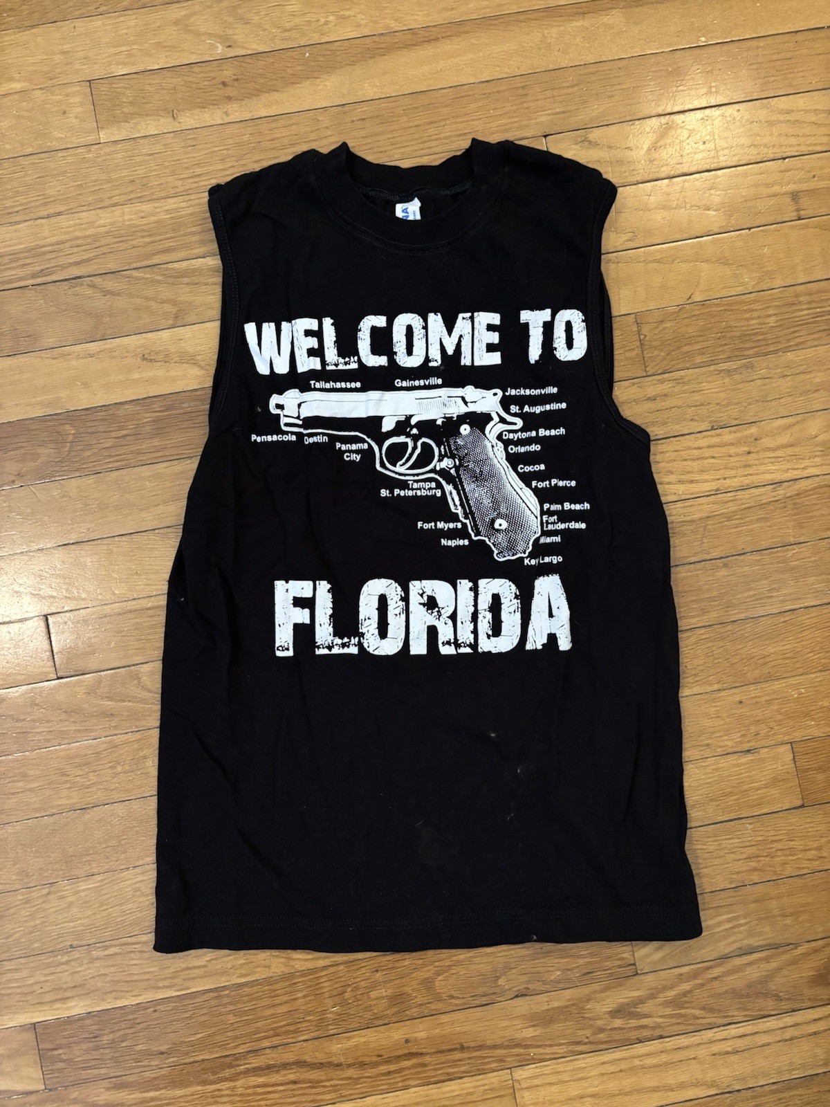 Suna Men’s Black Sleeveless Crew Neck Florida Graphic Cotton T-Shirt Size S